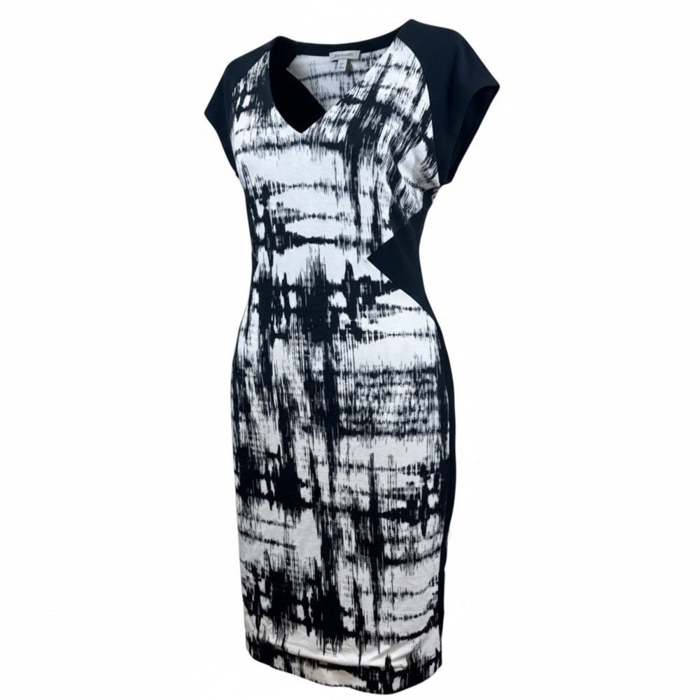 Tart Collections Bodycon Dress V-Neck Cap Sleeve Black‎ White Abstract Sz M NWT